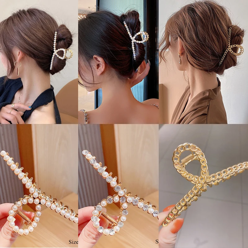 

Заколки для волос женские с жемчужинами, Модные металлические геометрические украшения для волос, элегантный аксессуар на голову с цепочкой-крабом, с кристаллами, заколка для волос для девочек
