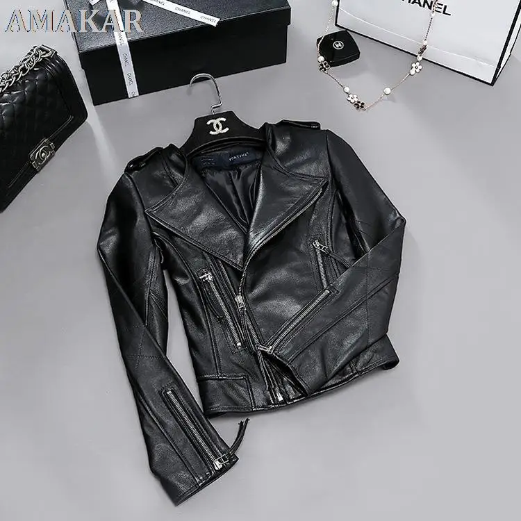 

100% Real Sheepskin Jacket Genuine Leather Casual Coat Short Chaqueta Cuero Mujer High Quality Veste En Cuir Femme