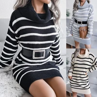 autumn winter women knitted sweaters warm long sleeve dress turtleneck sweaters casual loose sweater stripe dress