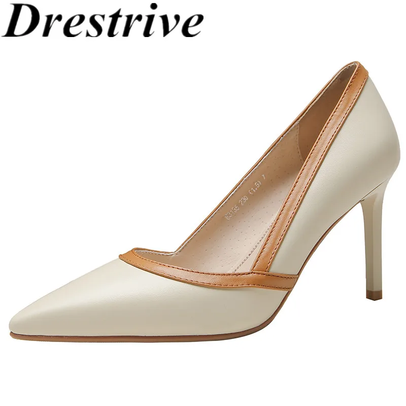 

Туфли-лодочки женские Drestrive, из натуральной кожи, с острым носком, на тонком высоком каблуке, бежевые, лоскутные, лето 2021