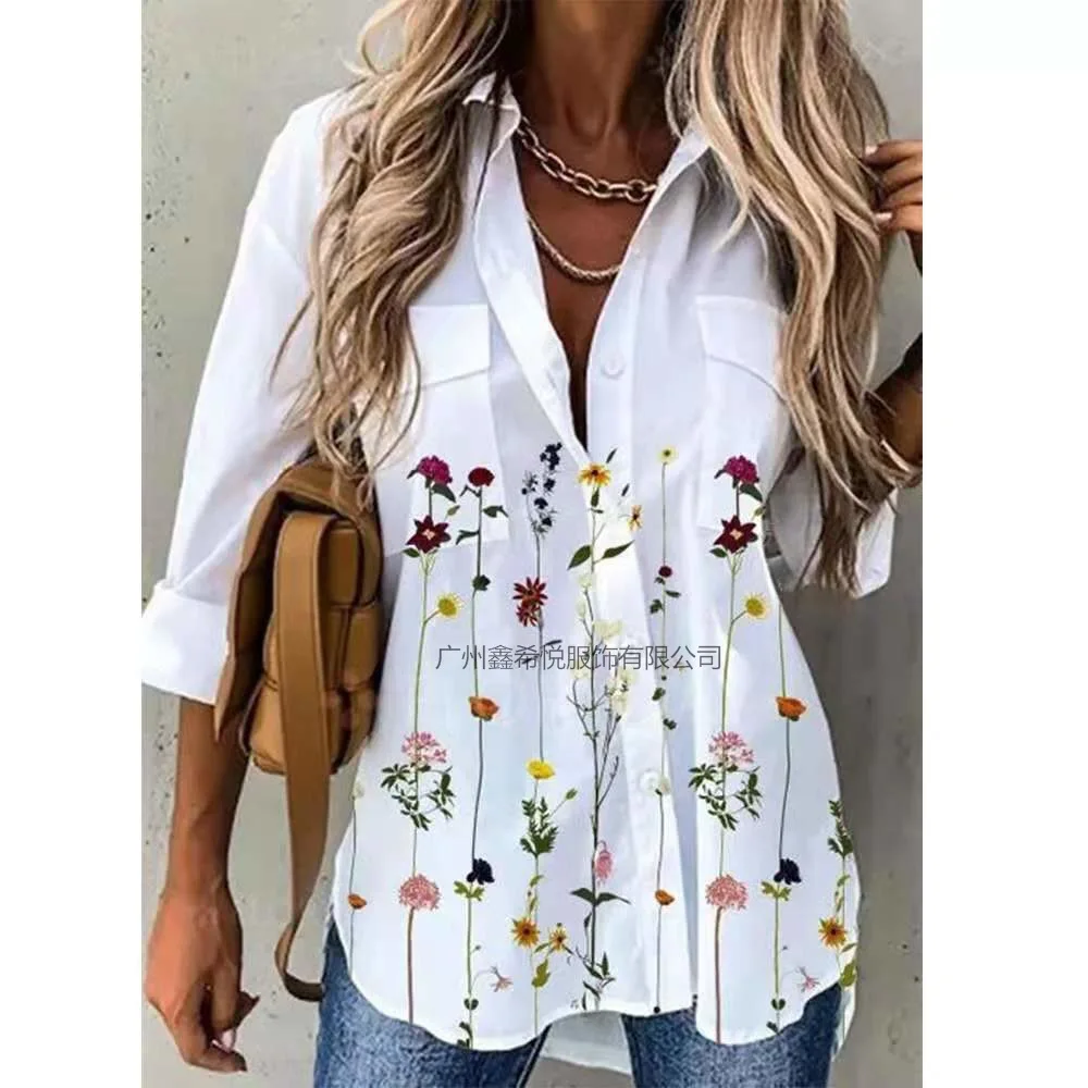 

Large size loose women blouse 2021 fall lapel women tops shirts fashion casual printed double pocket women shirts