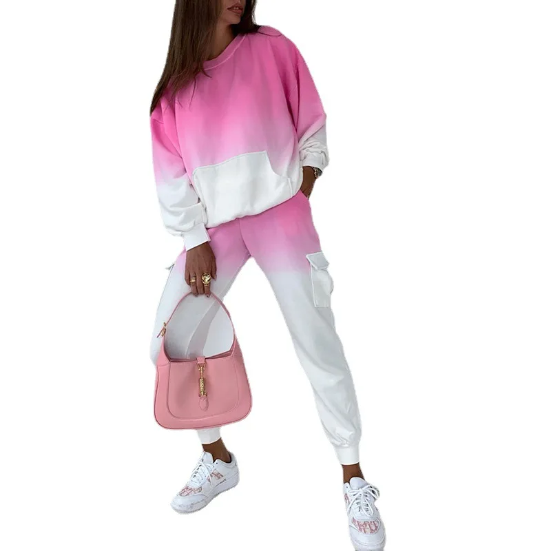 

2021 European Style Fashionable Round Collar Sleeve Pullover Loose Gradient Contrast Pocket Hoodies Casual Pants Two Piece Set