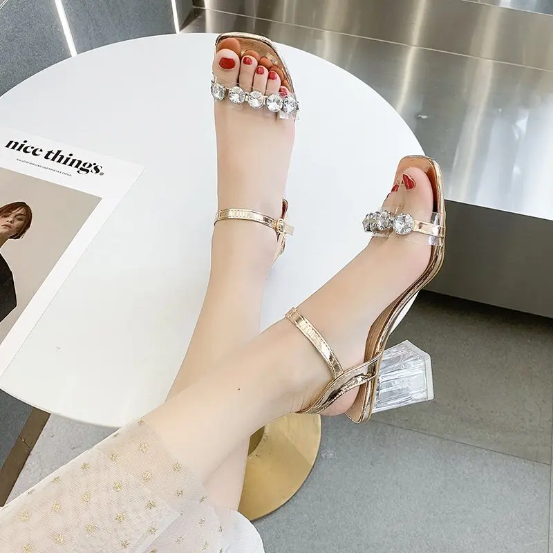 

Transparent Heel Sandals Women Shoes Rhinestone PVC Thick Heel Sandals Summer Party Dress Clear Heel Sandals Women Mujer