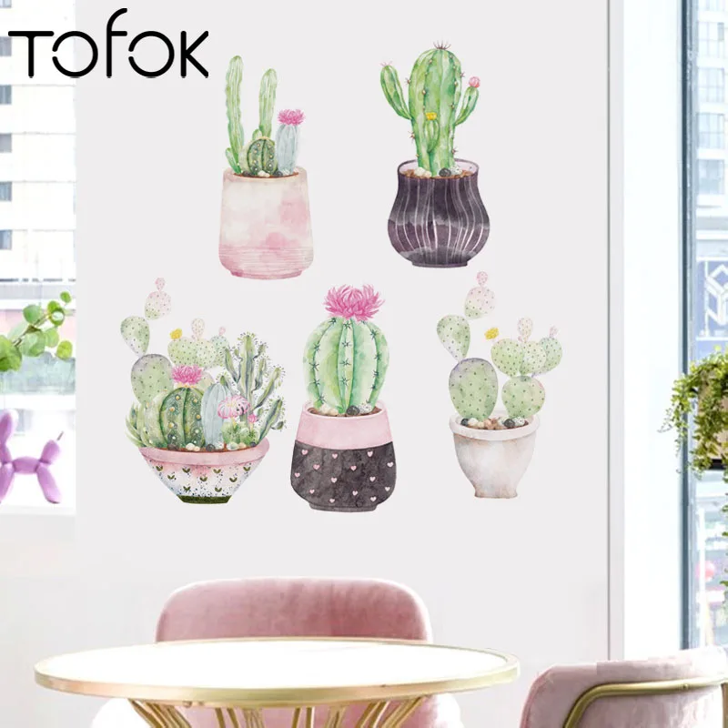 

Tofok Cartoon Hand-painted Watercolor Succulent Potted Plant Wall Stickers Home Background Wall Decoration Removable Stickers