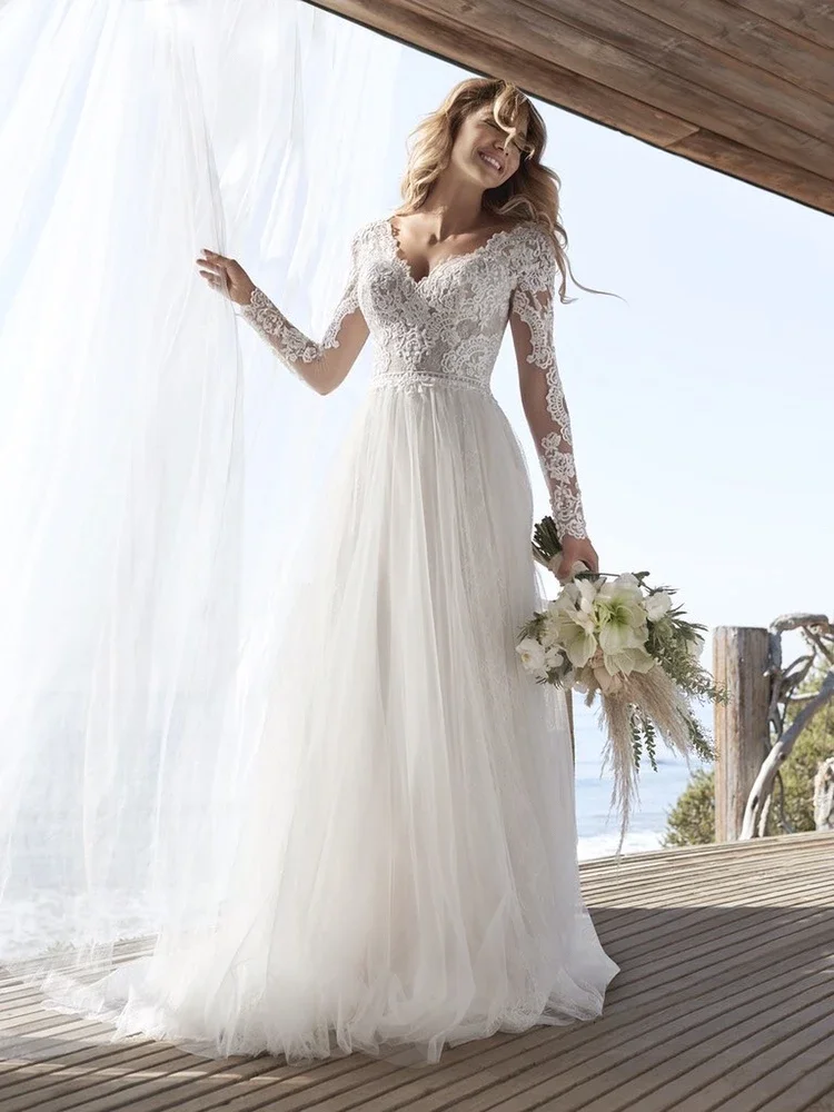 

Vestido De Novia Long Sleeve V Neck Wedding Dress 2020 Tulle Lace Long Ivory Bridal Dresses Open Back свадебное платье Plus Size
