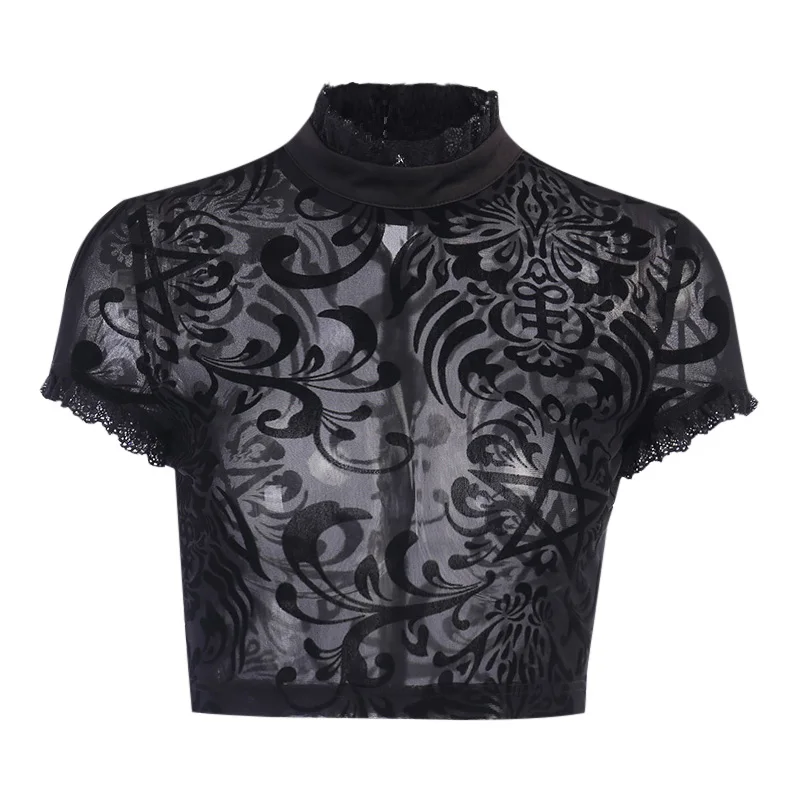

InsDoit Gothic Sexy Black Lace Through Hollow Out T Shirt Female Vintage Summer Short Sleeve Crop Top Streetwear Elegant Tops