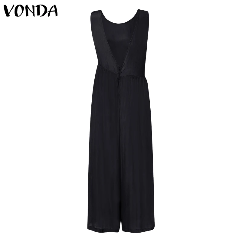 Женские комбинезоны VONDA, летние сексуальные однотонные Свободные Комбинезоны без рукавов, повседневные широкие длинные штаны, брюки