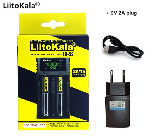 Lii-S2 and 5V2A Plug Умное устройство для зарядки никель-металлогидридных аккумуляторов от компании Liitokala: Lii-S2 Lii-500S ЖК-дисплей Батарея Зарядное устройство, Зарядка 18650 3,7 V 18350 26650 18350 зарядное устройство для никель-металл-гидридных и литиевых аккумуляторов, smart 18650 Зарядное устройство - Цвет: Lii-S2 and 5V2A Plug