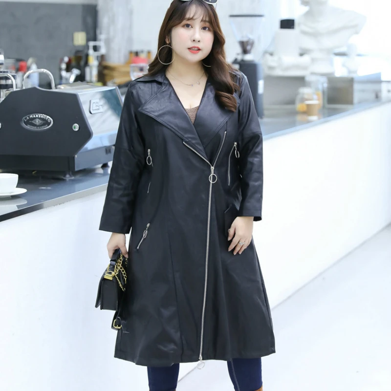 

Женский Длинный Тренч из искусственной кожи на молнии с карманами и длинным рукавом