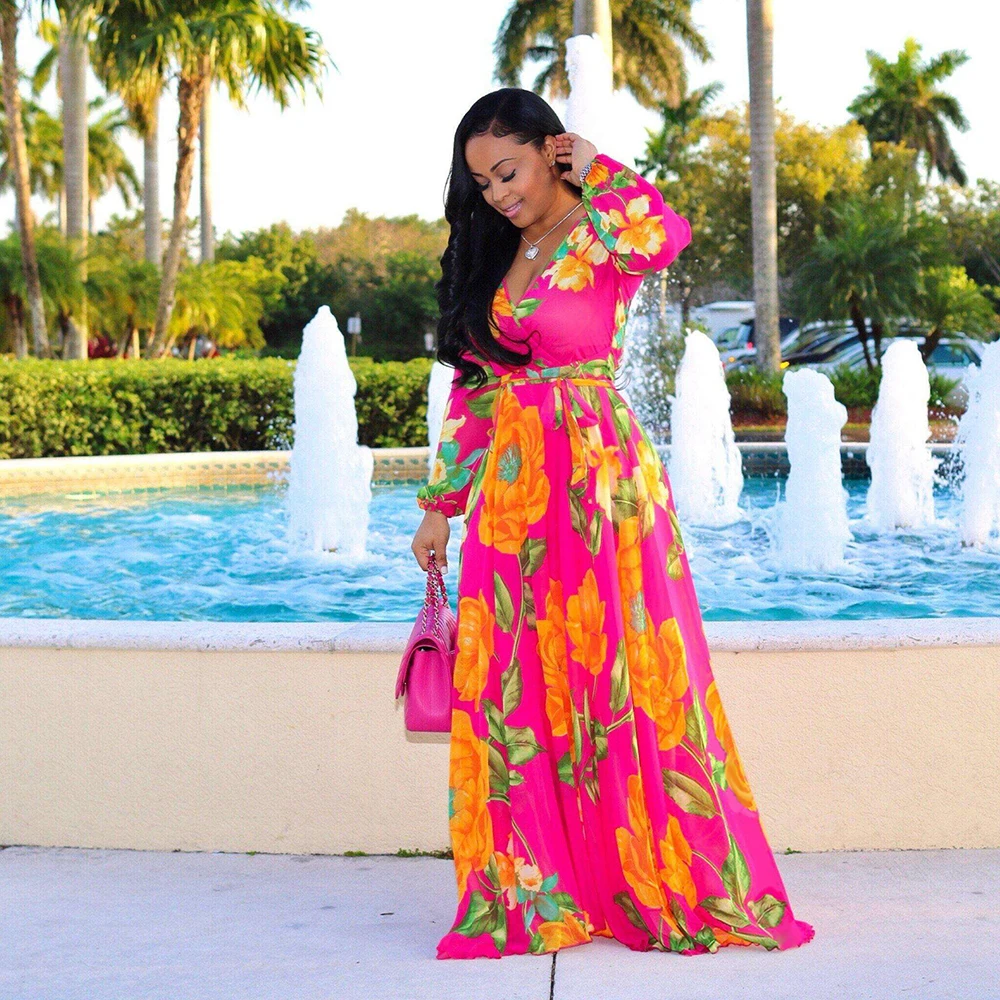 

Floral Long Dress Women Maxi Elegant Summer Dress Woman Fashion Long Sleeve V-neck Blue Dresses Female Clothes Vestidos 2020 New
