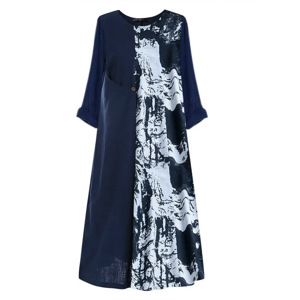 Navy Blue Женская Бохо льняная мешковатая Цыганская кафтан Праздничная неупакованная Макси-юбка платье модное женское цветочное пляжное платье Сарафан - Цвет: Navy Blue
