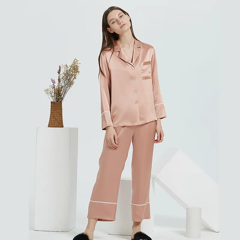 19 Momme Silk Pajamas 100% Silk Pajamas Women Long-Sleeved Trousers Pjs Women Turn-down Collar Silk Sleepwear Set Soft Nightwear