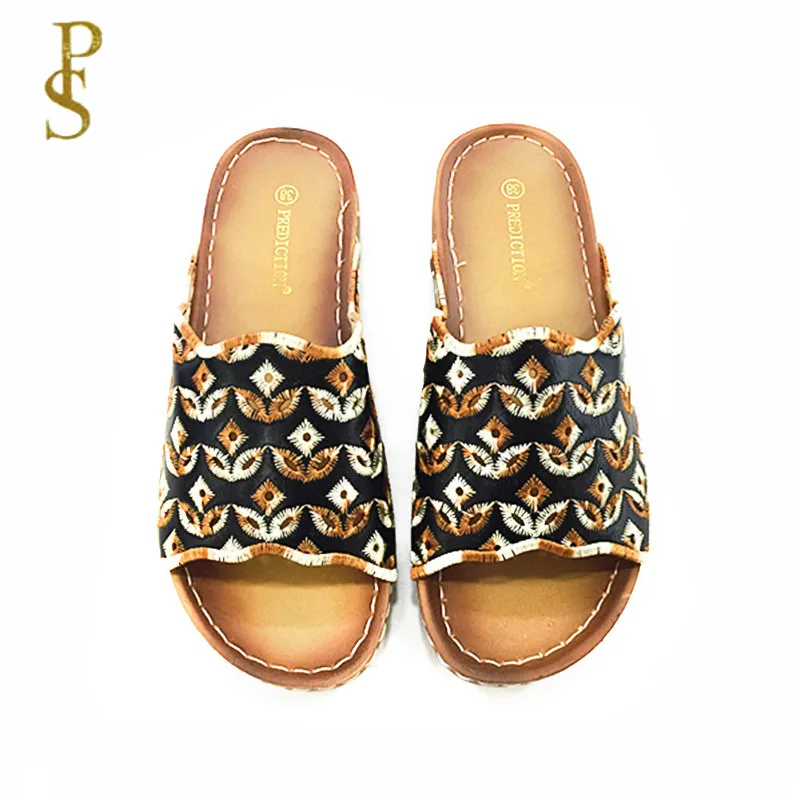 Летние туфли на плоской подошве тапочки с вышивкой ПУ подошва удобные женские