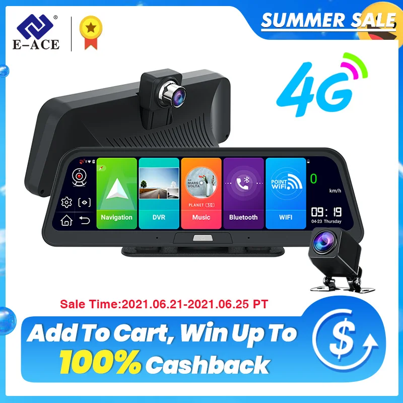 E ACE D16 Автомобильный видеорегистратор 10 0 дюйма 4G Android 8 1 Видеорегистраторы GPS