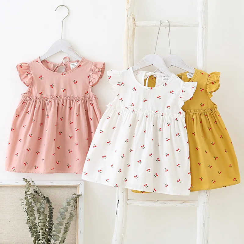 

Baby Girls Dress Fashion Cherry Print Flying Sleeve Princess Dress Toddler Kids Clothing Summer Cotton Child Dress New Arrival