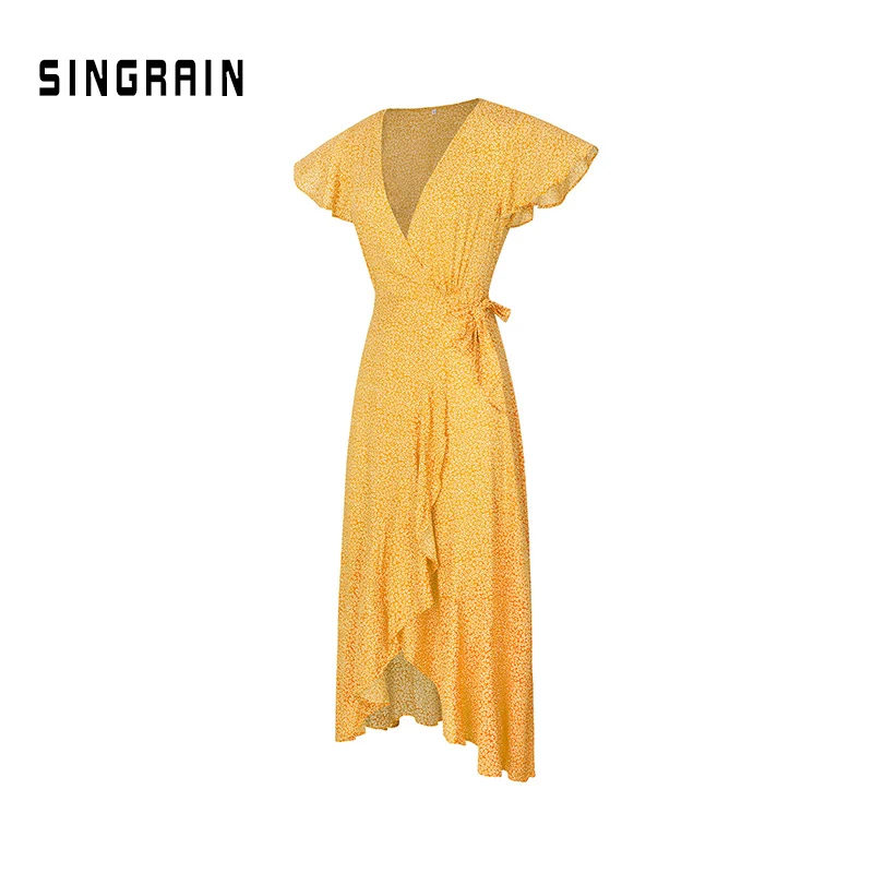 yellow SINGRAIN длинное платье в горошек с запахом, женское богемное Платье с принтом Irregualr размера плюс, летнее праздничное Шифоновое Платье макси с оборками - Цвет: yellow