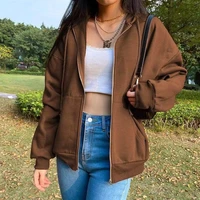 2021 autumn winter new solid color loose fitting thicken hooded sweater zipper sweatshirts women fashion brown pocket