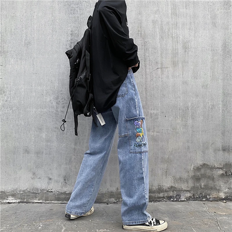 

Vintage Washed Big Pocket Jeans Women Cute Color Bear Print Jeans Loose Cargo Pants Harajuku Cartoon Jeans Fashion Man Jeans