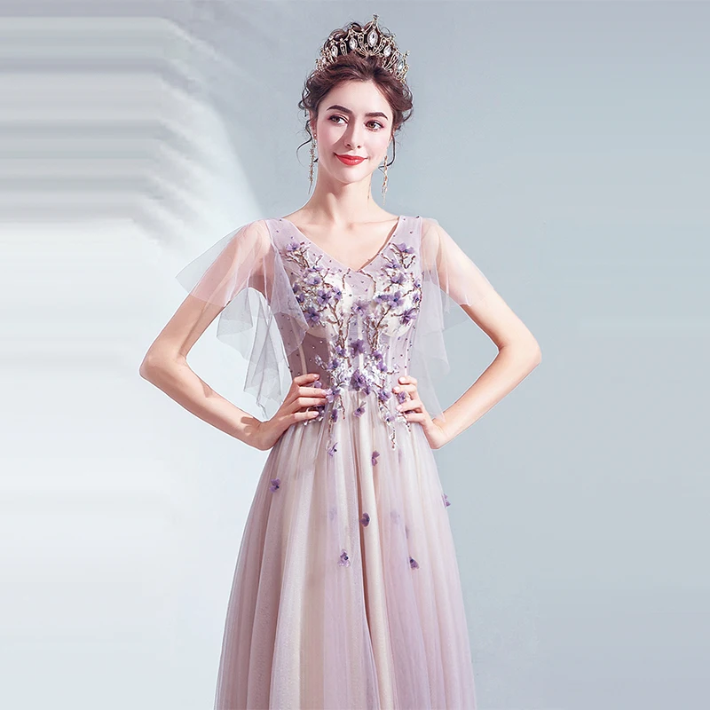 

Evening Dress V-Neck Sexy Short Sleeves Evening Dresses Long Formal Gowns Flowers Regular Tulle Embroidery Evening Gowns TS016