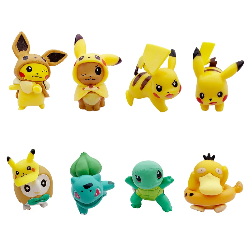 

Original 8pcs Pokemon Anime figure mini cartoon doll toys Bulbasaur Rowlet Psyduck Pikachu Squirtle little elf model kids gift