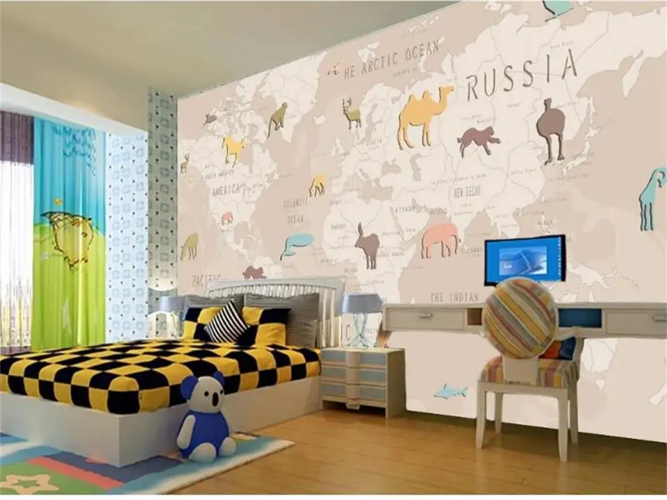 

3d обои на заказ, фото, обои, детская комната, мультфильм, животные, Карта мира, 3d изображение, 3d обои для гостиной