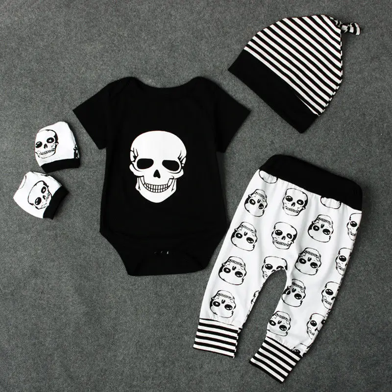 

Summer Baby Boy Girl Skull Clothes Romper +Long Pants Hat 4pcs Outfits Set 0-18M