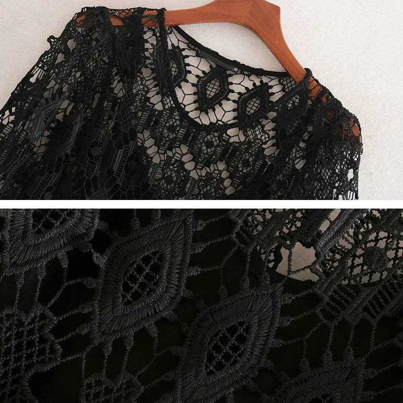

Women Sexy Lace tops 2019 Newest Round neck Pullover Blouse Black Lantern sleeve Female top Holiday style Semi-sheer INKEO 9T006