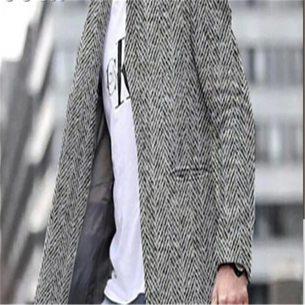 

2021 European American Men's Jacket Mid-Length Windbreaker Solid Color Suit Collar Fashion Warm Coat Outerwear