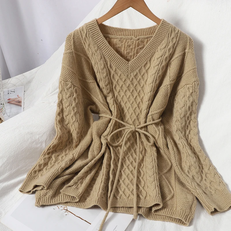

Winter Wear Korean Pullover V-neck Thin Lace Up Sweater Fashion Split Twist Jacquard Thickening Knitted Top