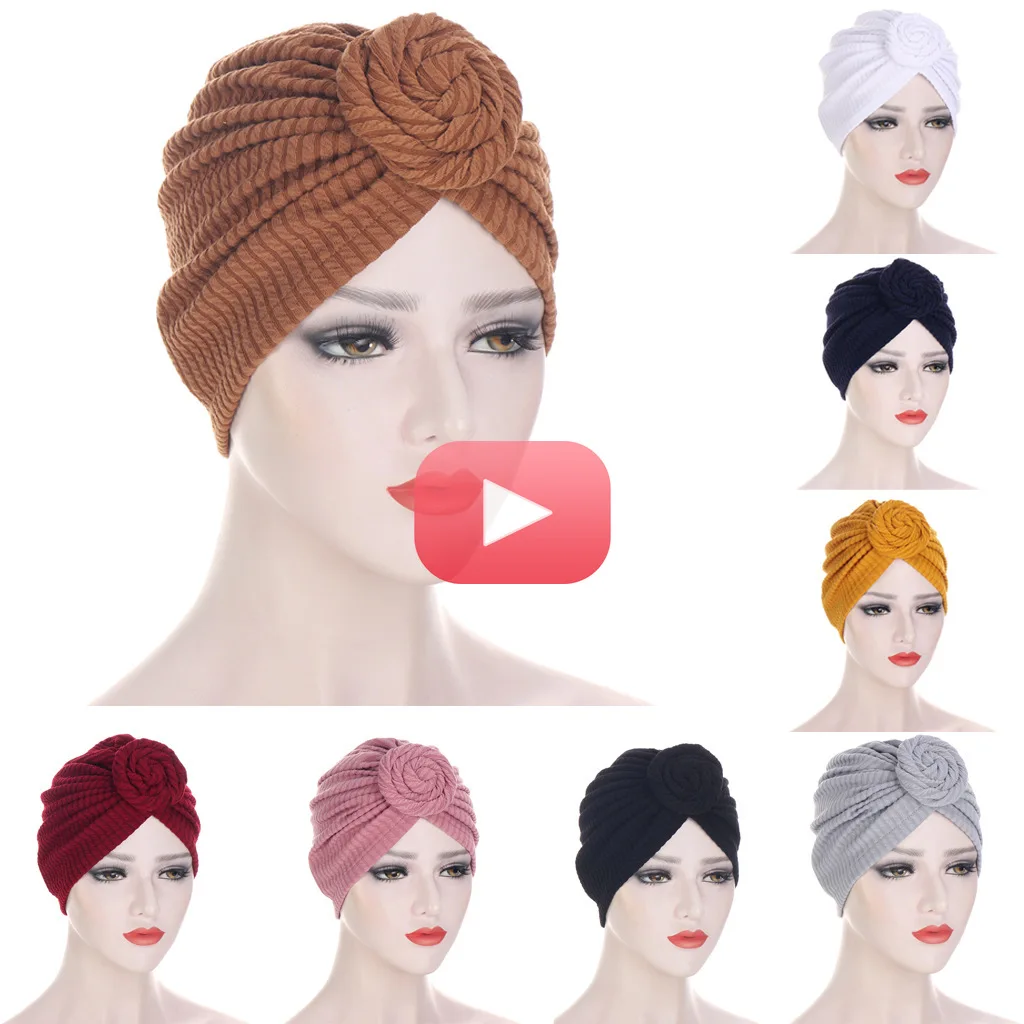 

2021 Ladies Turban Soild Color Top Knot Headscarf Spring Autumn Women Headwrap Big Flower India Hat Hijabs Cap Accessories
