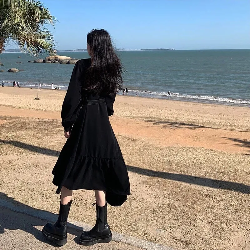 

Black Gothic Irregular Vintage Corduroy Long Dress Shirt Women Spring Long Sleeve Lantern Sleeve Robe Korean Ladies Office 2021