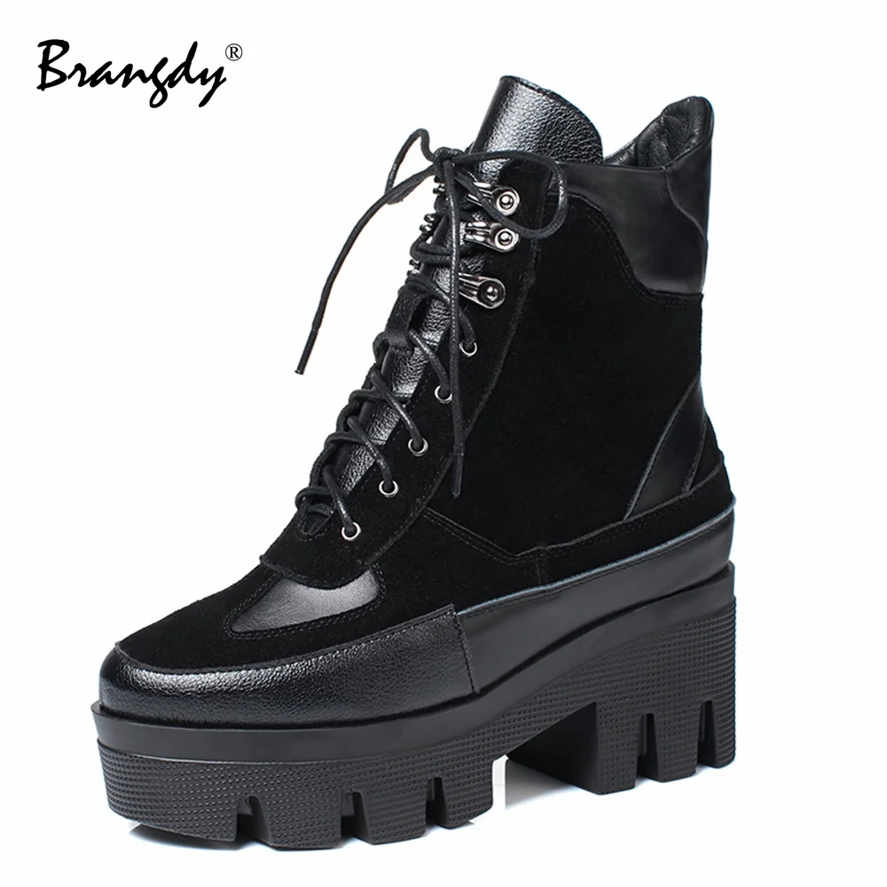 

Brangdy Retro Women Ankle Martin Boots Genuine Leather Chunky Platform Round Toe Women Shoes Lace Up Splicing Lady Girl Bootsts