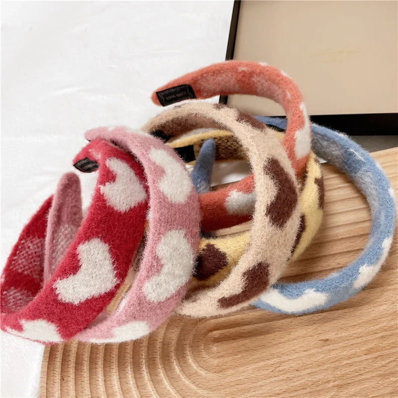 

New Sweet Girls woolen Hairband Luxury Mohair Love Print Wide Hair Loops Korean Love Wide Headband Clips Accessories For Women