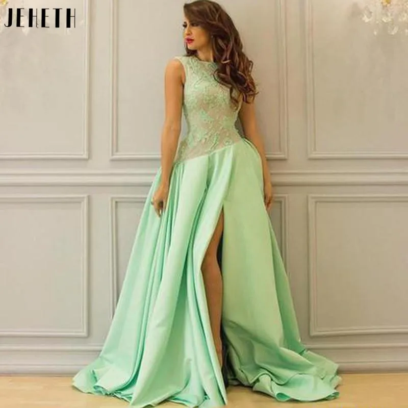 

JEHETH New Dubai Arabic Mint Prom Dress With Slits Elegant Long Evening Satin Lace Formal Women Wear Special Occasion Gowns