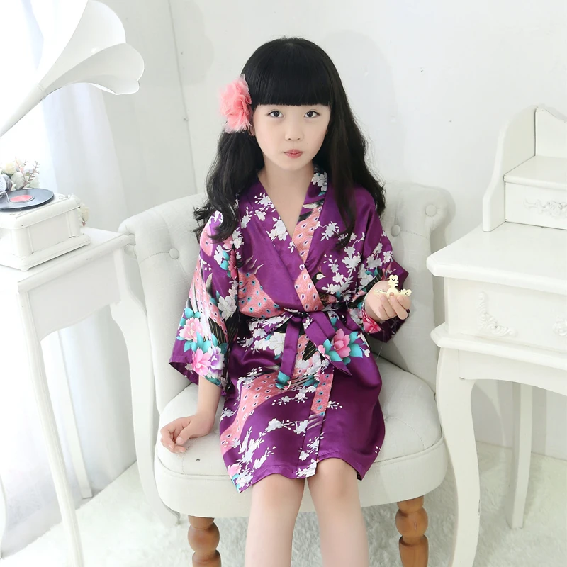 Purple 90-140 см, детское японское кимоно, юката, домашняя одежда для купания, шелковое атласное ночное белье, Пижама, халат свободное стильное платье для девочек, кардиган - Цвет: Purple
