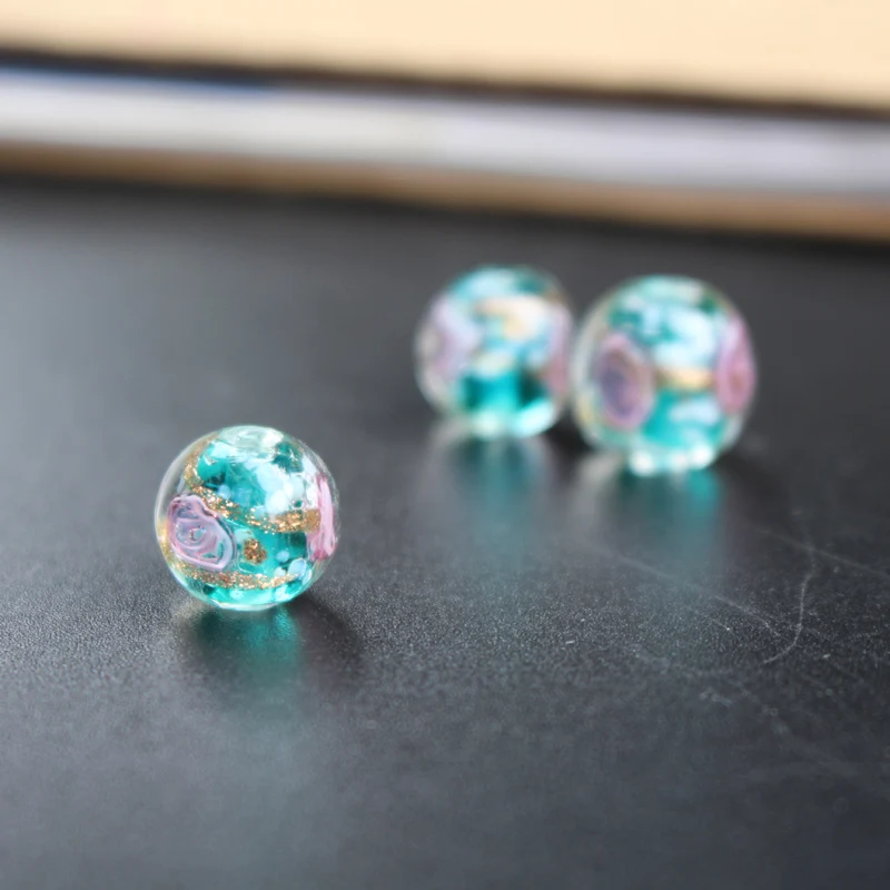 10Pcs 10mm 12mm Handmade Lampwork Glass Flower Beads With Gold Powder Teal Green for jewelry making Wholesale and Retail | Украшения и
