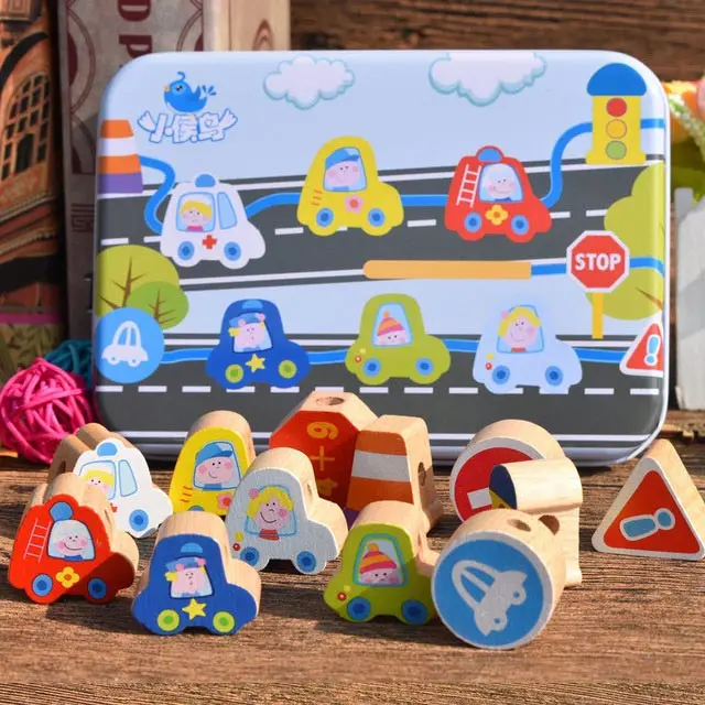 Traffic Logwood Детские деревянные игрушки DIY игрушка мультфильм фрукты животное нанизывание резьбы деревянные бусины игрушка Monterssori развивающие для детей - Цвет: Traffic