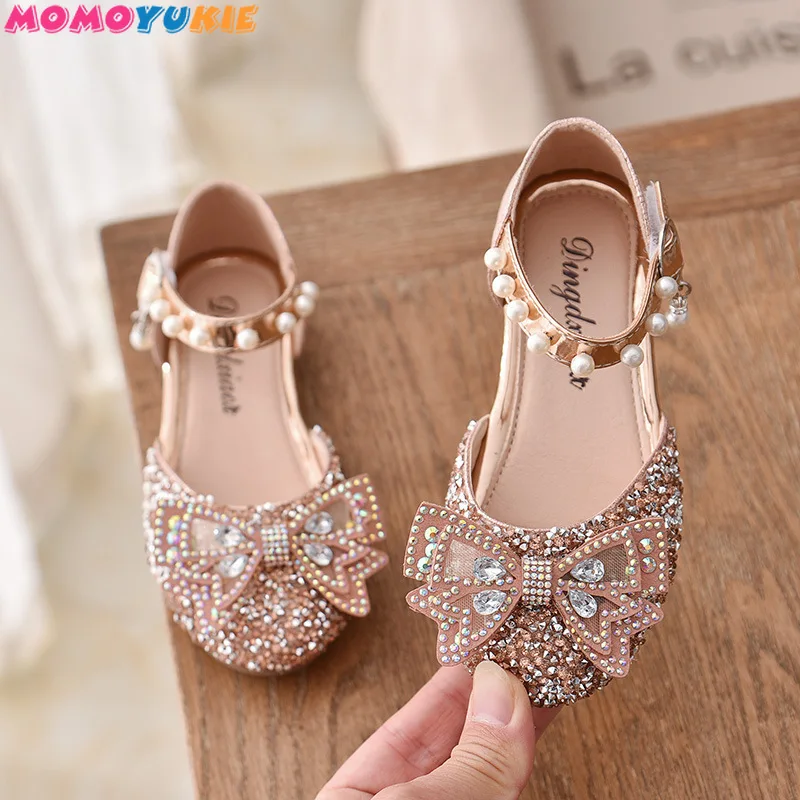 Zapatos con lazo de encaje de lentejuelas para ni&ntilde;as, zapatillas de baile de princesa con perlas bonitas, informales, para fiestas y bodas, 2021-5