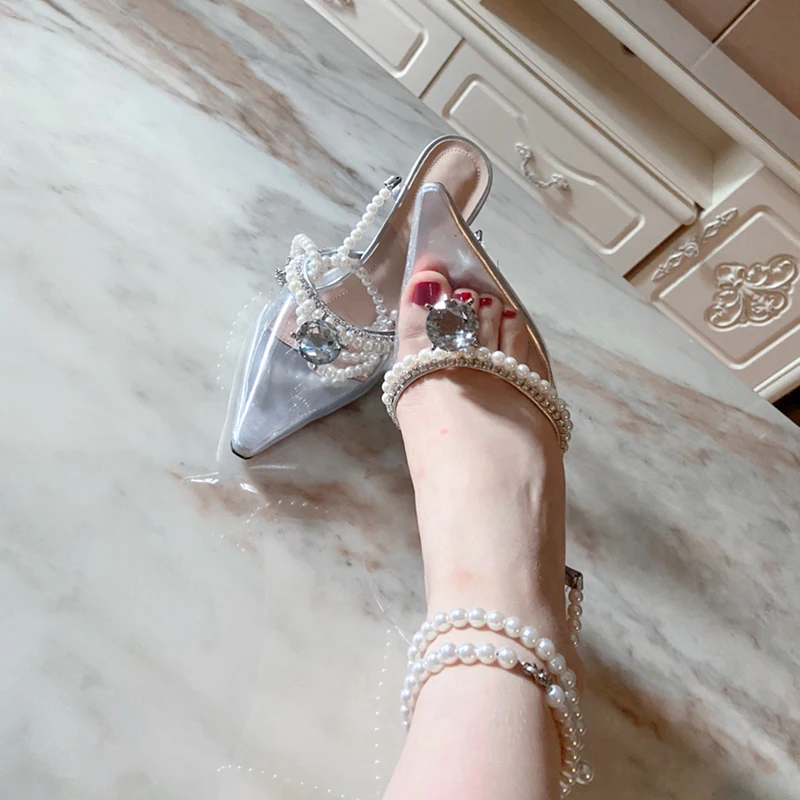 

2020 Newest Diamond Pvc Sandals Women Pointed Toe Pearl Rhinestone Ankle Strap High Heel Shoes Woman Sexy Party Shoes