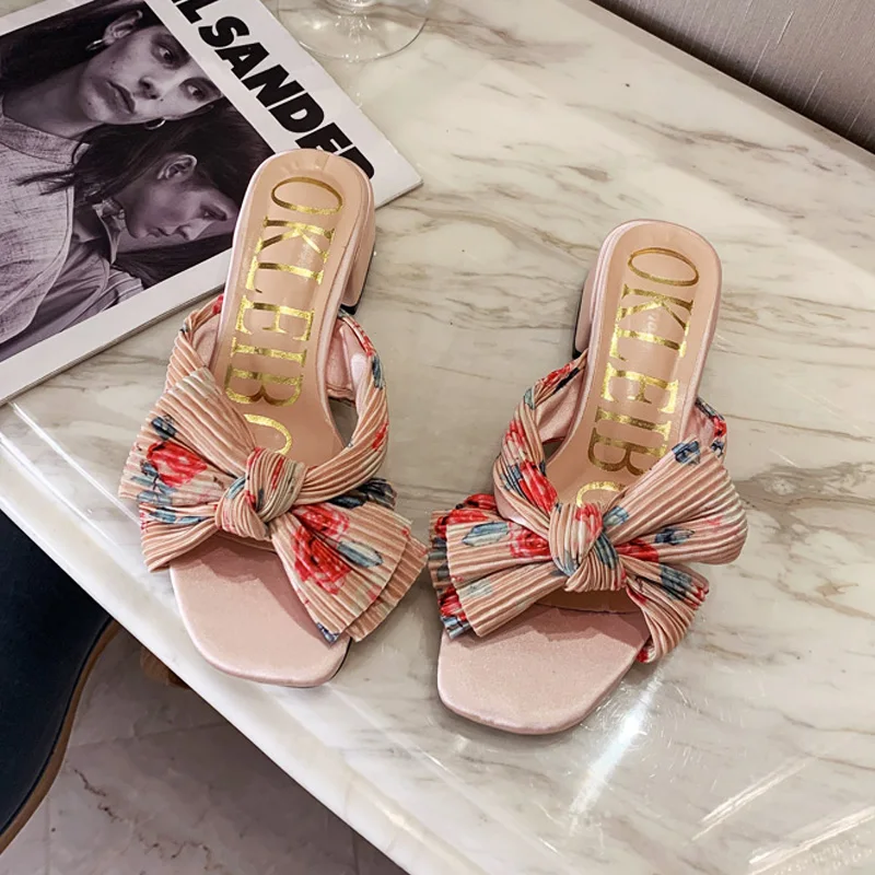 

Sweet Bowknot Fashion Trend Square Toe Mid-Heel Sandals And Slippers Summer New Casual Comfortable Women's Shoes