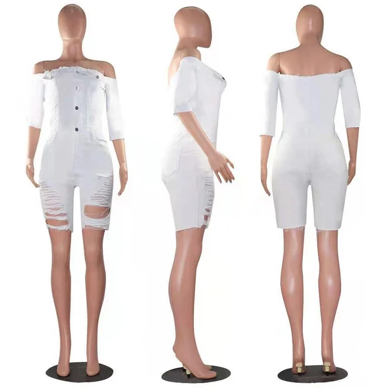 

Stylish,Sexy Frosted Jean Jumpsuit With Holes Washed In Water Short sleeve Street Fashion