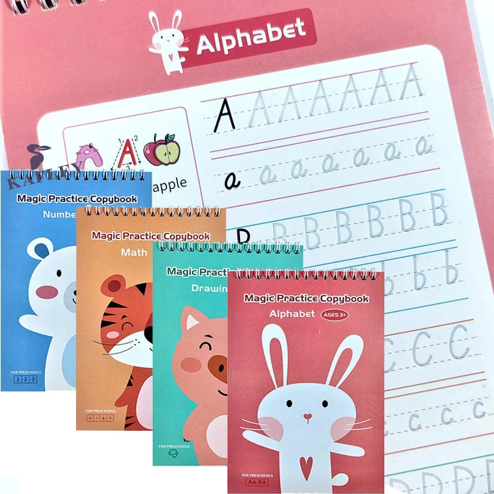 

4 Books + Pen Magic Practice Copybook For kids Reusable 3D Books For Calligraphy Write English Letter Montessori Toys