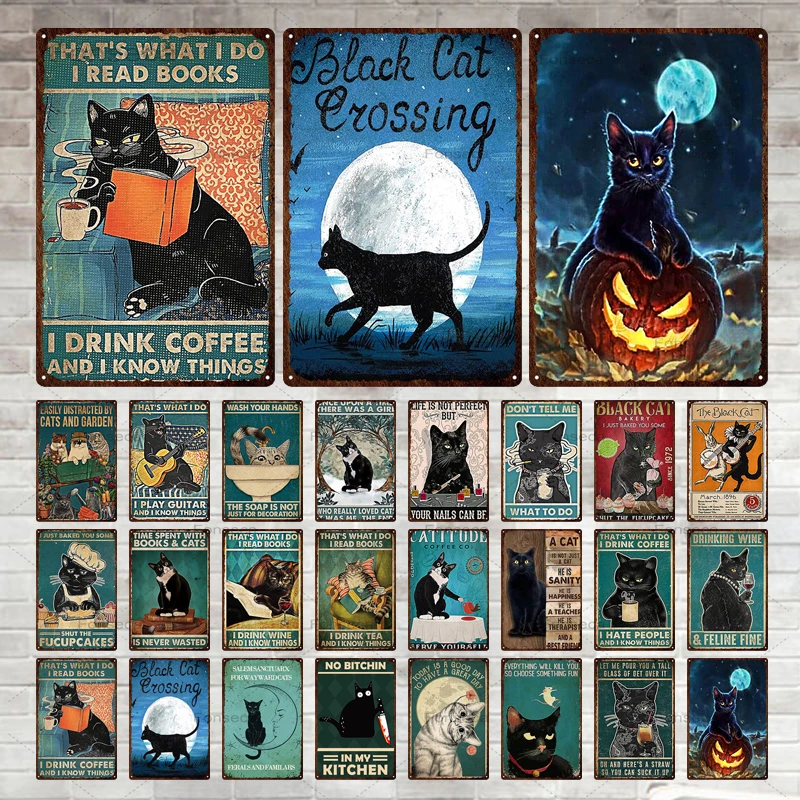 

Funny Black Cat Vintaget Metal Sign Plaque Metal Vintage Tin Sign Decoration for Living Room Pet Shop Home Wall Decor