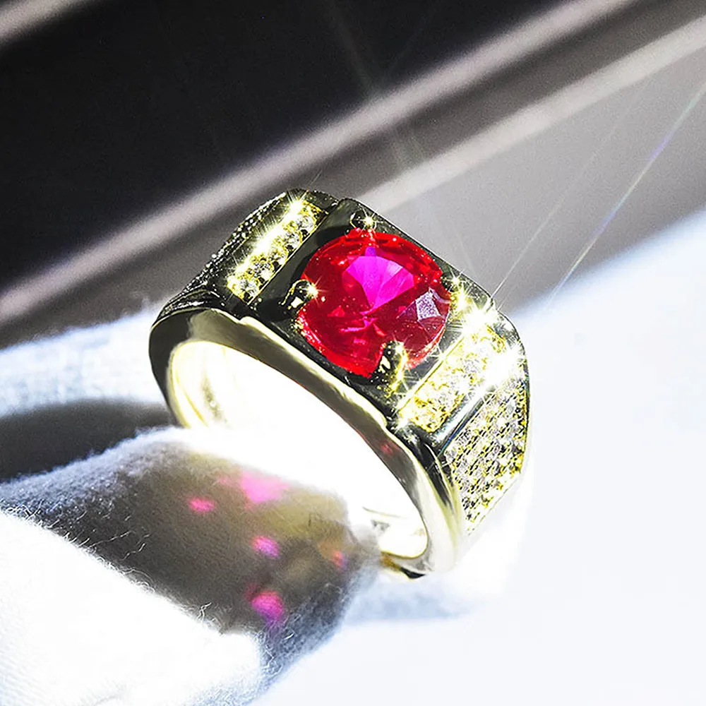 

Роскошные мужские кольца с красным кристаллом рубином и бриллиантами золотого цвета, модные ювелирные изделия, мужской браслет, аксессуары...