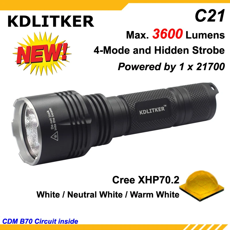 Светодиодный фонарик KDLITKER C21 Cree XHP70.2 3600 люмен 5 режимов черный (1x21700)|Фонарики и