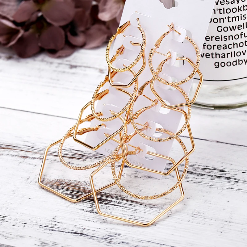 

2 Pairs/set Mix Color Rock Punk Gold Silver Color Big Circle Earrings Hoop Steampunk Statement Earring Set Party Jewelry
