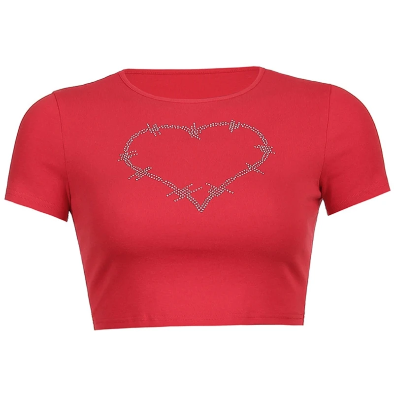

Women Short Sleeve O-Neck T Shirt Harajuku Rhinestone Heart Print Slim Crop Top 83XF