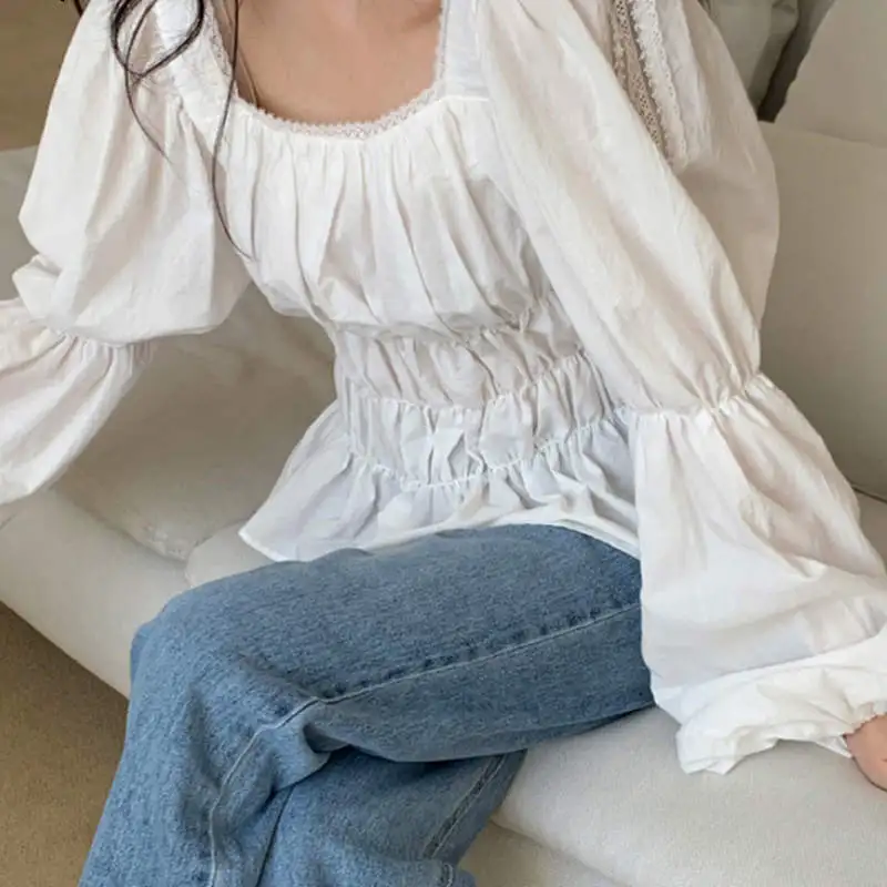 

Heavy Work Lace Hollow Out Solid Blouse Women Square Collar Puff Long Sleeve Solid Blusas Draped Design Solid Shirt