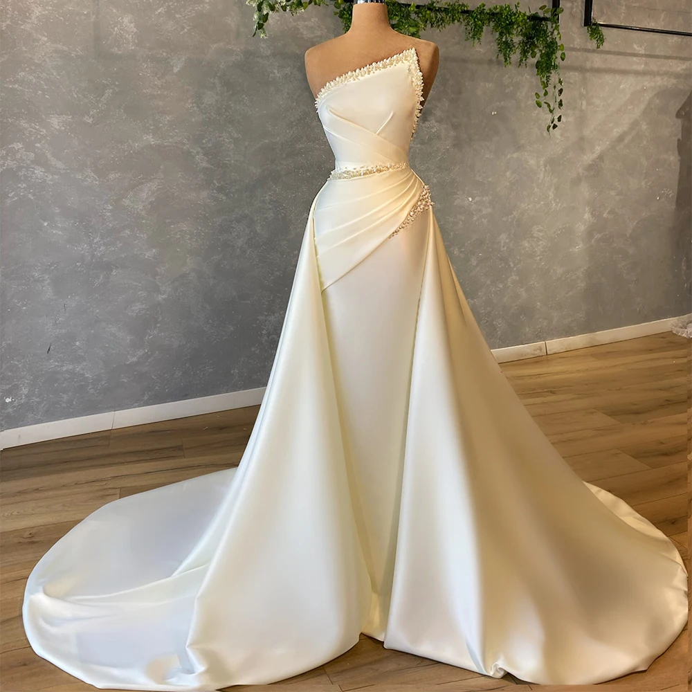 

New Arrival Ivory Satin Wedding Dress Sleeveless Luxury Pearl Beading Pleat A Line Bridal Gowns Court Train Bride Dresses