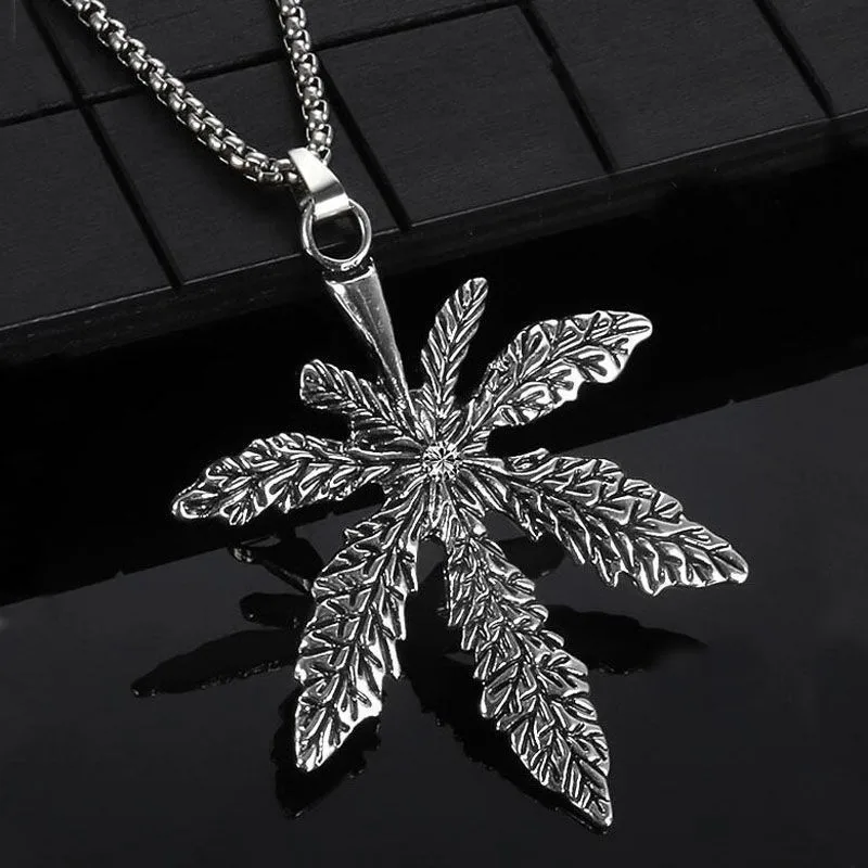 

KunJoe Fashion Maple Leaf Necklace Stainless Steel Hemp Leaf Pendant Necklace for Men Charm Choker Hiphop Jewerly Gift Accessory
